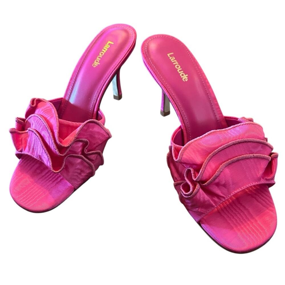 Larroudé Colette Ruffled High Stiletto Heel Sandals Ariana Magenta NEW Size 7.5